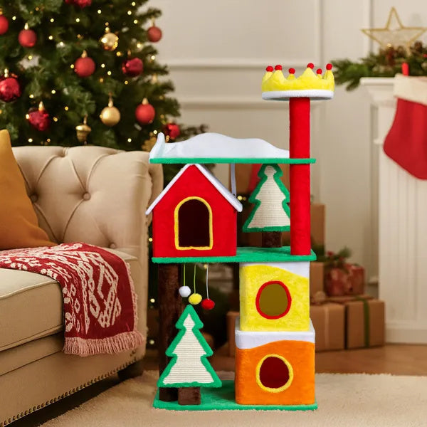 56" Christmas-Themed Plush Cat Tree — Multi-Level Holiday Cat Tower with Crown Perch & Sisal Scratching Ramp
