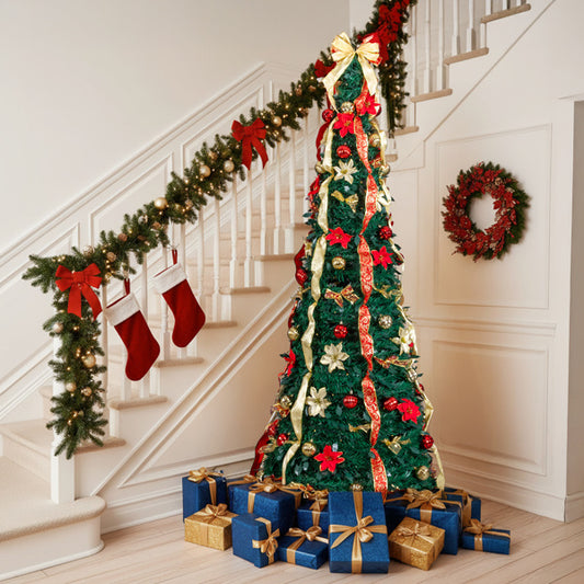 7FT Fully Decorated Pop-Up Pre-Lit Christmas Tree with 200 Warm Lights & Remote — Red & Gold Luxury Holiday Display