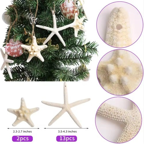 15-Piece Natural Starfish Christmas Ornaments — Coastal Holiday Tree Décor
