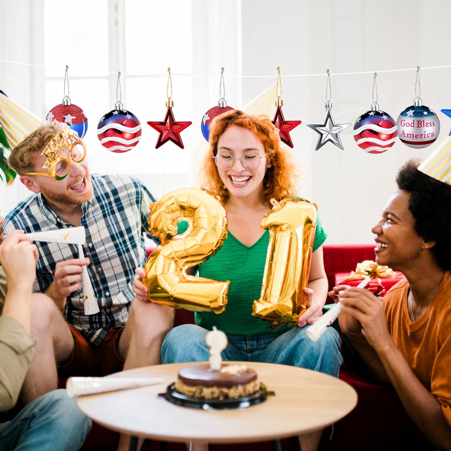 24-Piece Patriotic Holiday Ornament Set — Red, Silver & Blue Stars and Balls