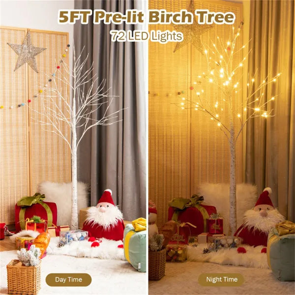 5FT White LED Birch Tree — 72 Warm Lights, Hand-Textured Bark, Flexible Branches & 7.2ft Cord