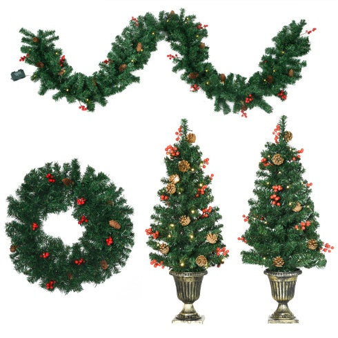 SCG 4-Piece Pre-Lit Holiday Set – Wreath, Garland & 2 Entrance Trees