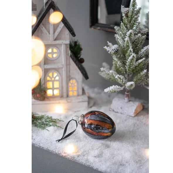 Black & Gold Glass Egg Ornaments — Set of 6 Handcrafted Luxe Baubles (3" × 3" × 4.3")