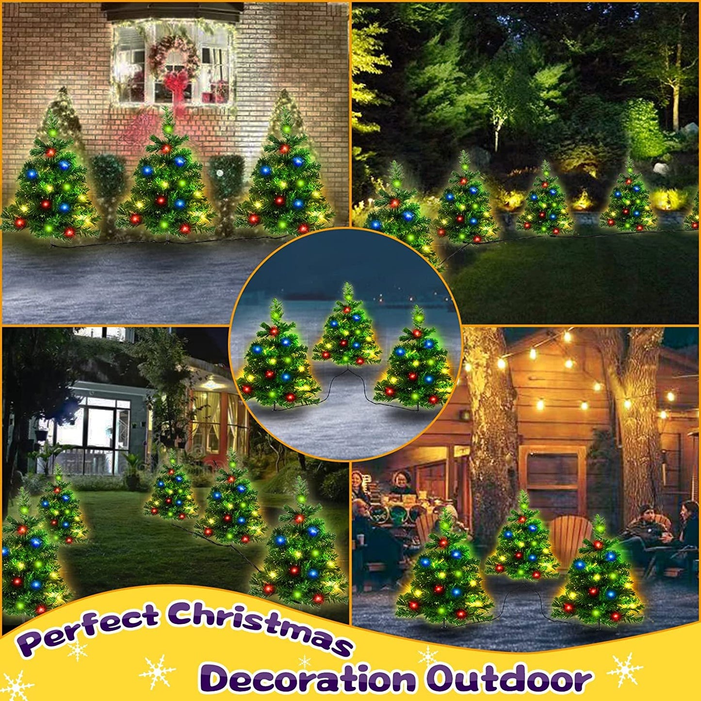 3-Piece Solar Christmas Tree Light Set — Multicolor LED Pathway Trees for Festive Outdoor Holiday Displays