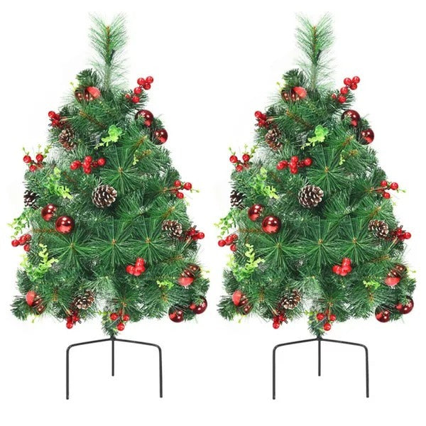 (Set of 2) 29" Pre-Lit Mini Christmas Trees – Warm LED Lights, PVC Branches, Outdoor Garden Holiday Décor