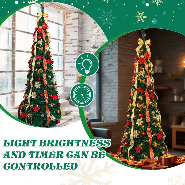 7FT Fully Decorated Pop-Up Pre-Lit Christmas Tree with 200 Warm Lights & Remote — Red & Gold Luxury Holiday Display