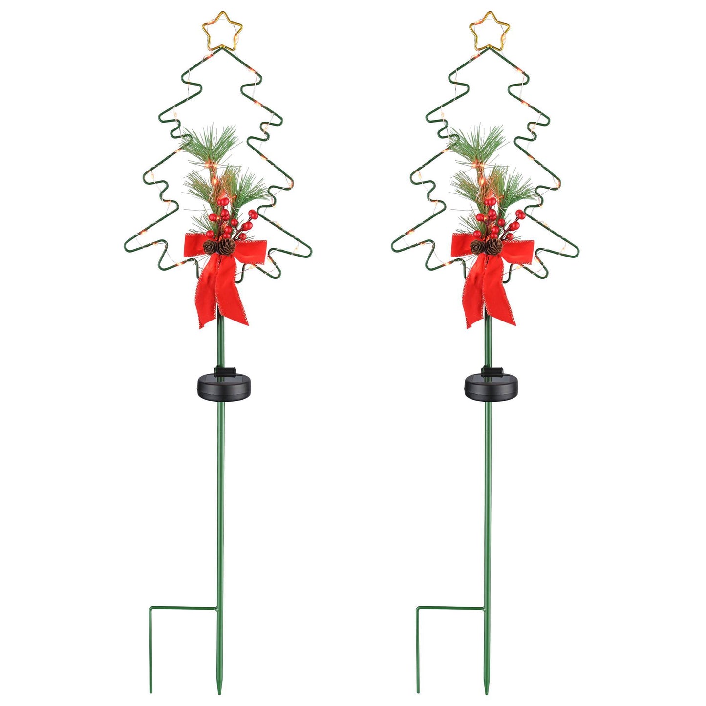 2-Pack Solar Christmas Tree Stake Lights – Metal Holiday Tree with Pinecones & Berries, Red LED Accent Lights for Outdoor Pathways & Gardens