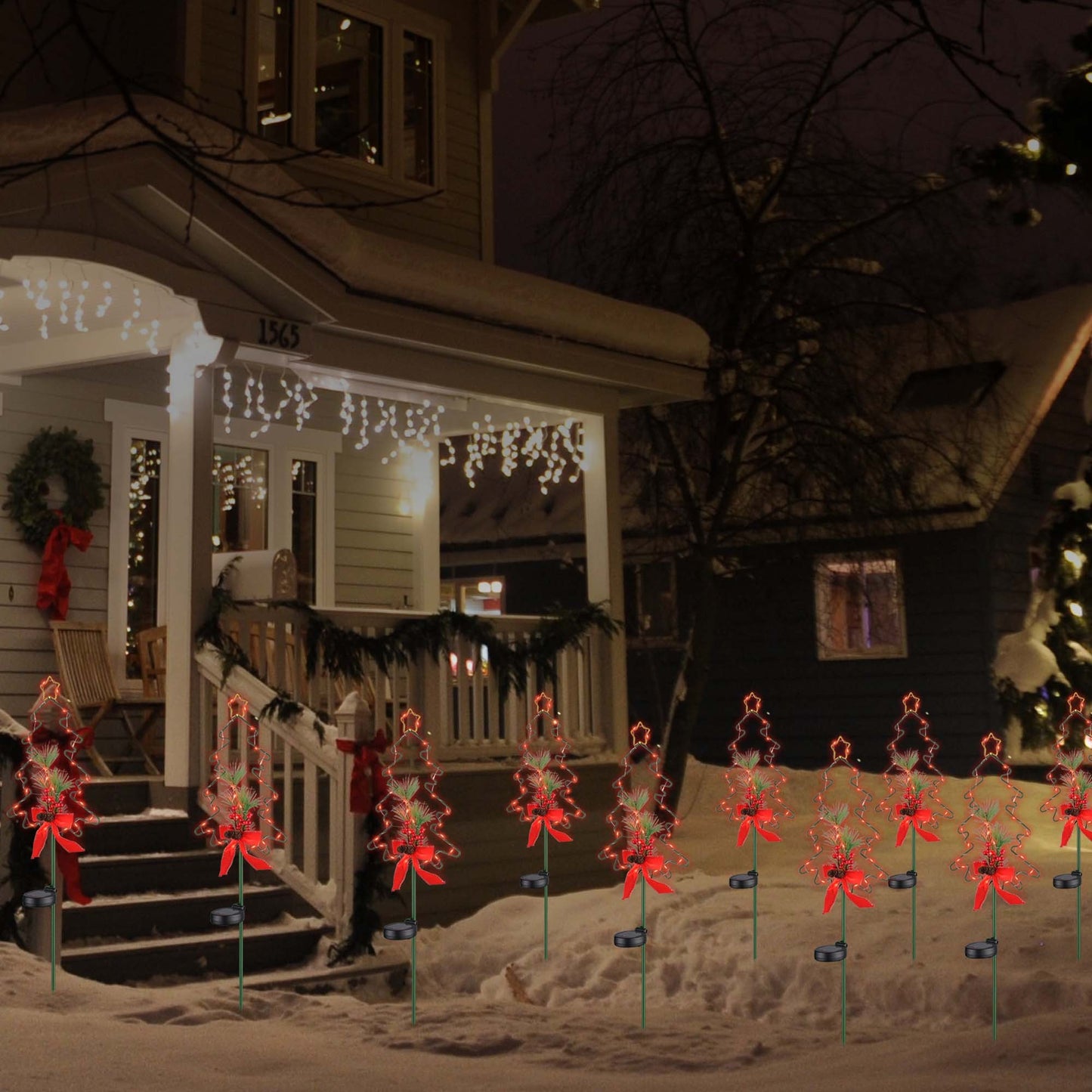 2-Pack Solar Christmas Tree Stake Lights – Metal Holiday Tree with Pinecones & Berries, Red LED Accent Lights for Outdoor Pathways & Gardens