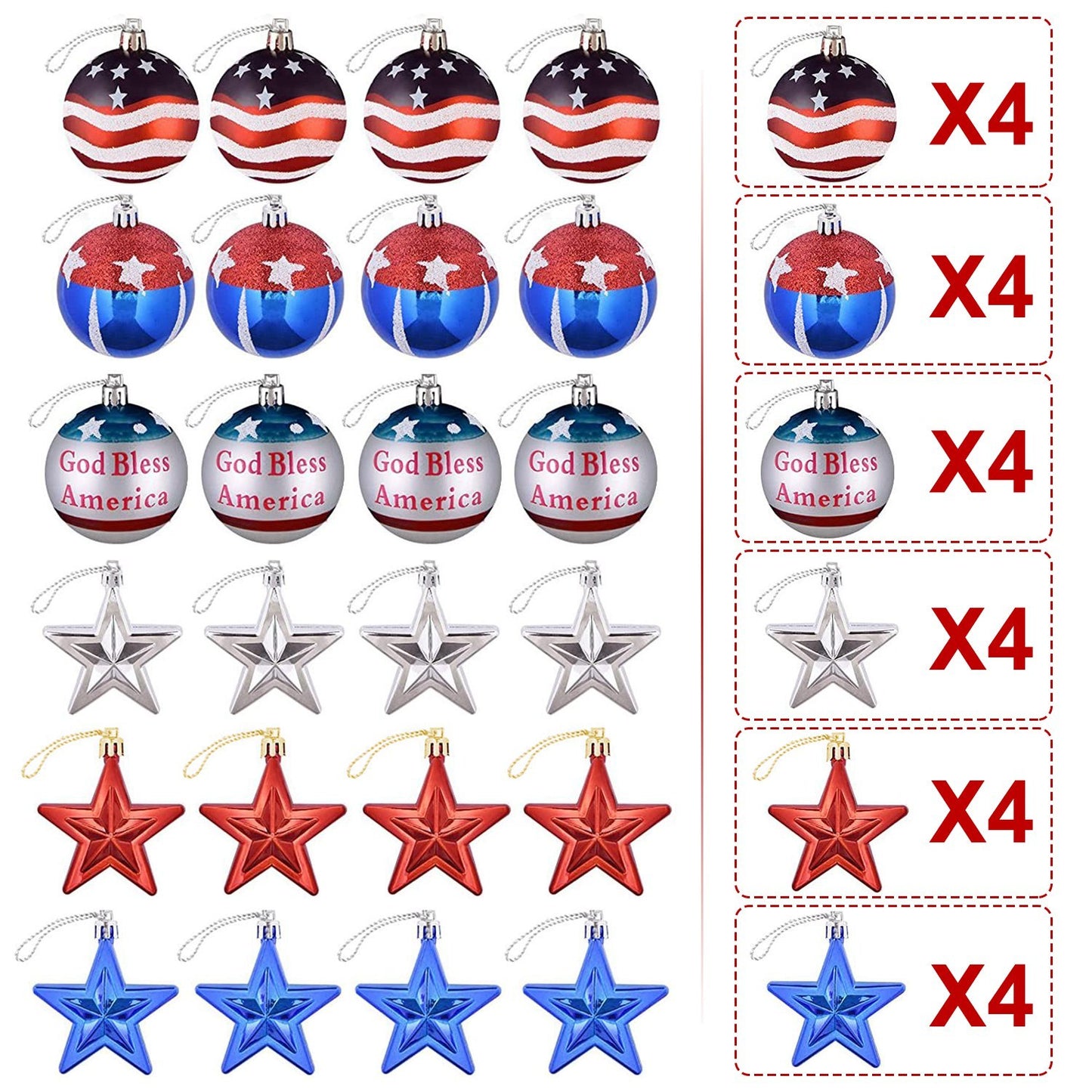 24-Piece Patriotic Holiday Ornament Set — Red, Silver & Blue Stars and Balls