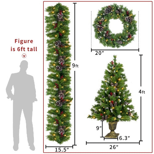 4-Piece Pre-Lit Christmas Collection – Entrance Trees, Wreath & Garland (340 LEDs)
