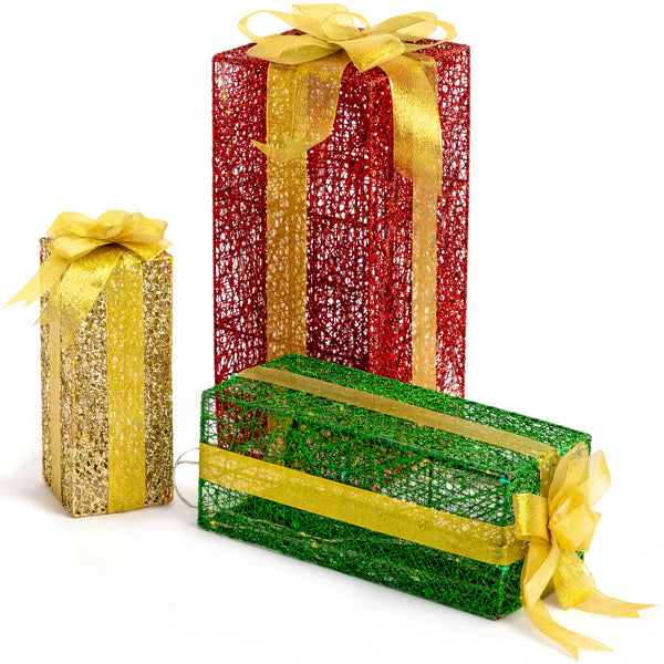 3-Piece Green & Gold Lighted Christmas Gift Box Set — 18in / 15in / 11in Warm LED Holiday Display (Indoor/Outdoor Metal Frame)