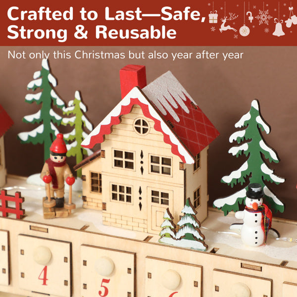 Luxury Wooden Christmas Advent Calendar House with LED Lights — 24-Day Countdown Village Scene (Natural Tone)