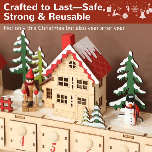 Luxury Wooden Christmas Advent Calendar House with LED Lights — 24-Day Countdown Village Scene (Natural Tone)