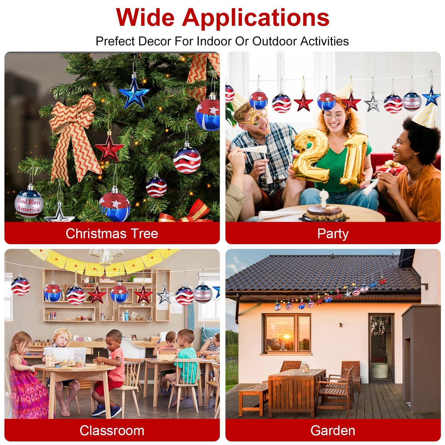 24-Piece Patriotic Holiday Ornament Set — Red, Silver & Blue Stars and Balls