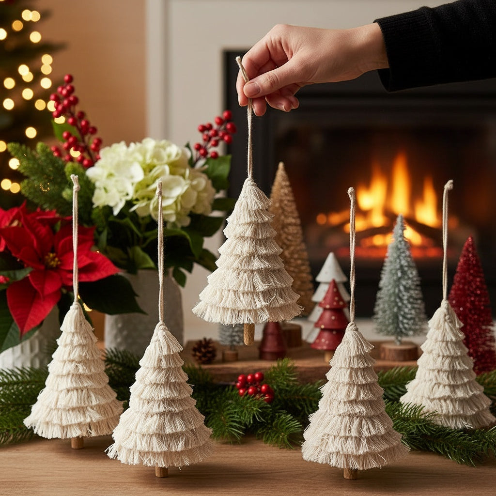 6-Piece Boho Fringe Tassel Christmas Ornaments — Artisanal Textured Décor for Elegant Holiday Styling