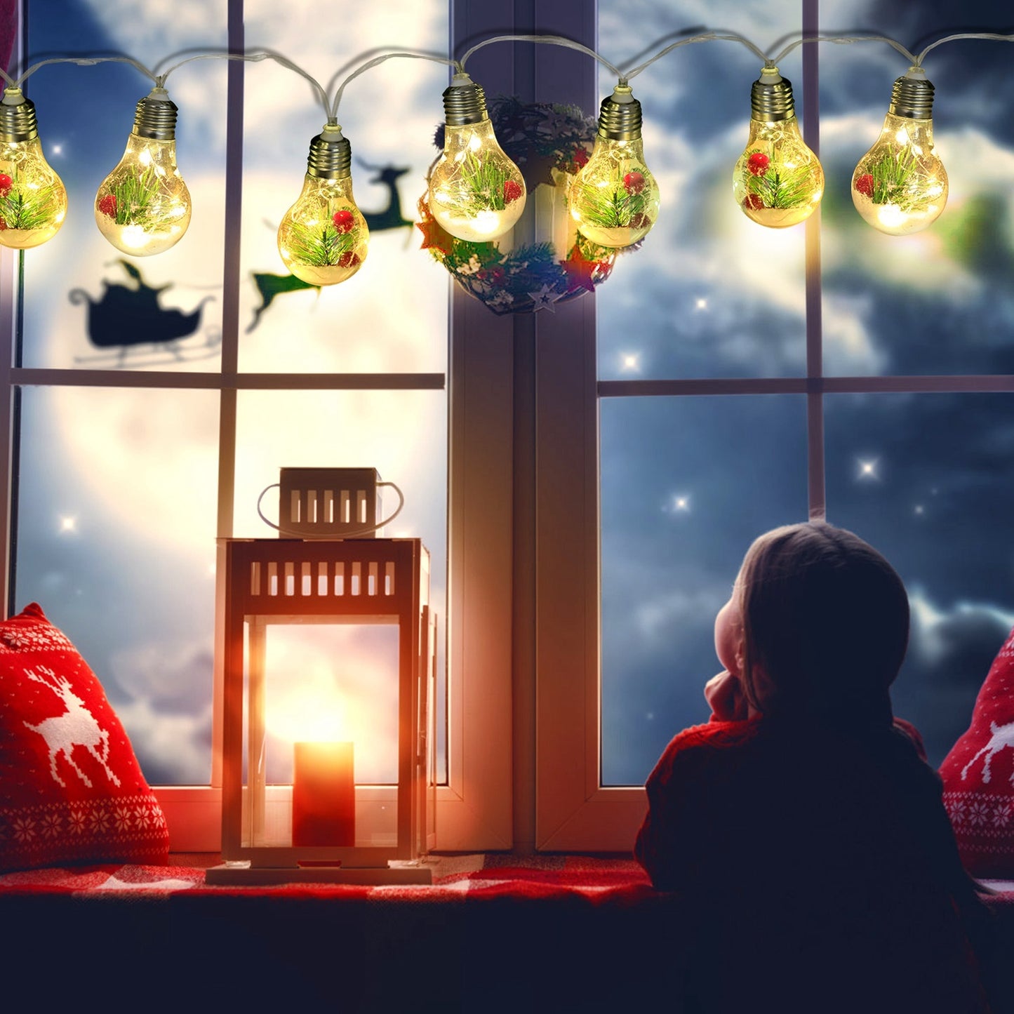 13.78FT Christmas Snow Globe String Lights — 10 LED Warm White Bulbs with Pine Needles, Snowflakes & Berries (Indoor Battery Powered)