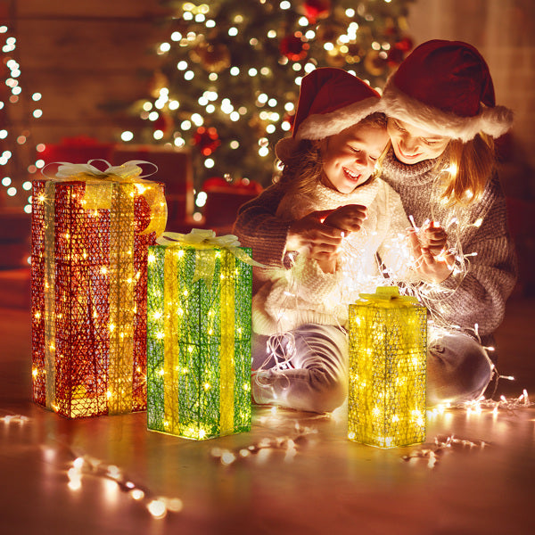 3-Piece Green & Gold Lighted Christmas Gift Box Set — 18in / 15in / 11in Warm LED Holiday Display (Indoor/Outdoor Metal Frame)