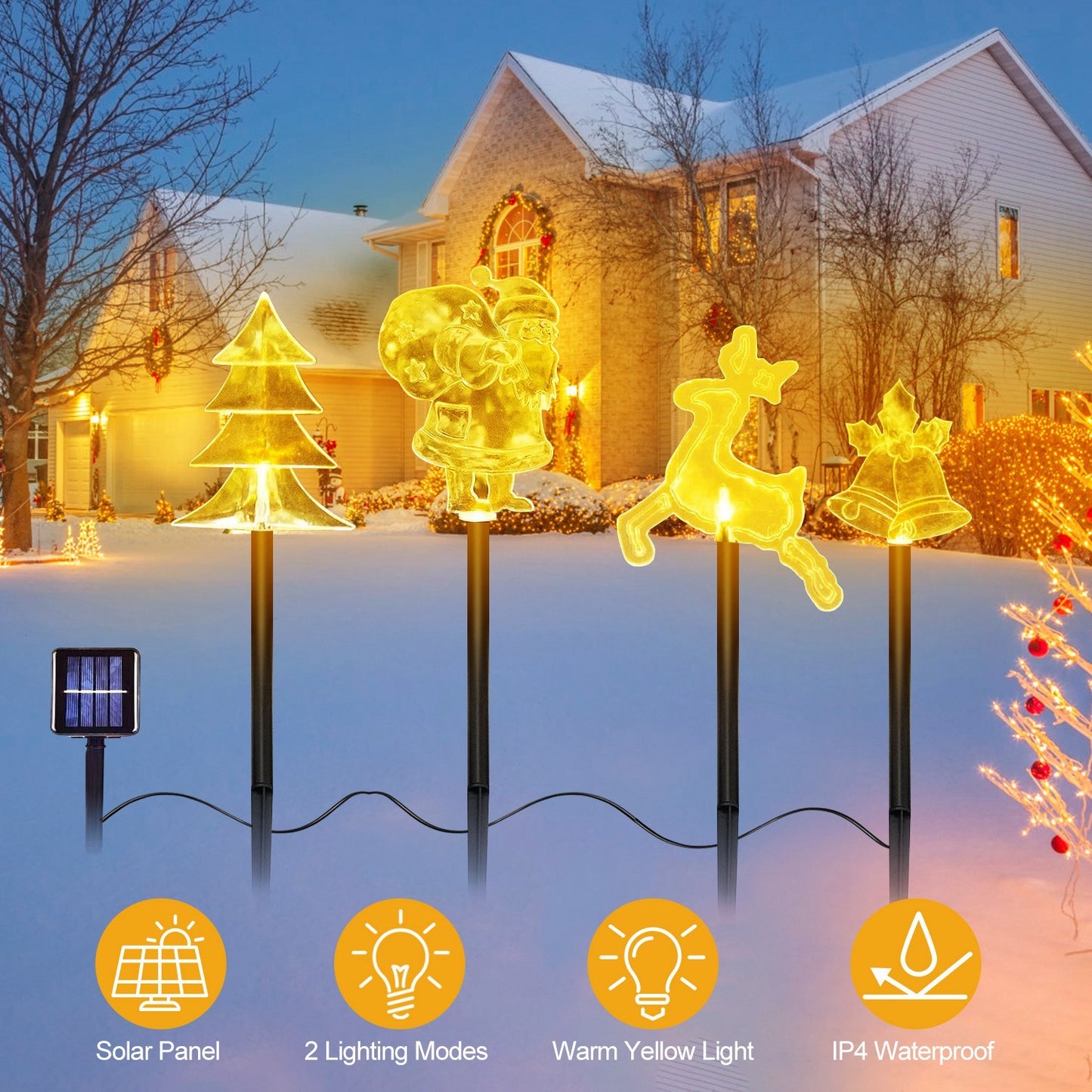 5-Piece Solar Christmas Stake Light Set — Reindeer, Snowflake, Bell, Tree & Santa (Warm Glow Waterproof Outdoor Display)