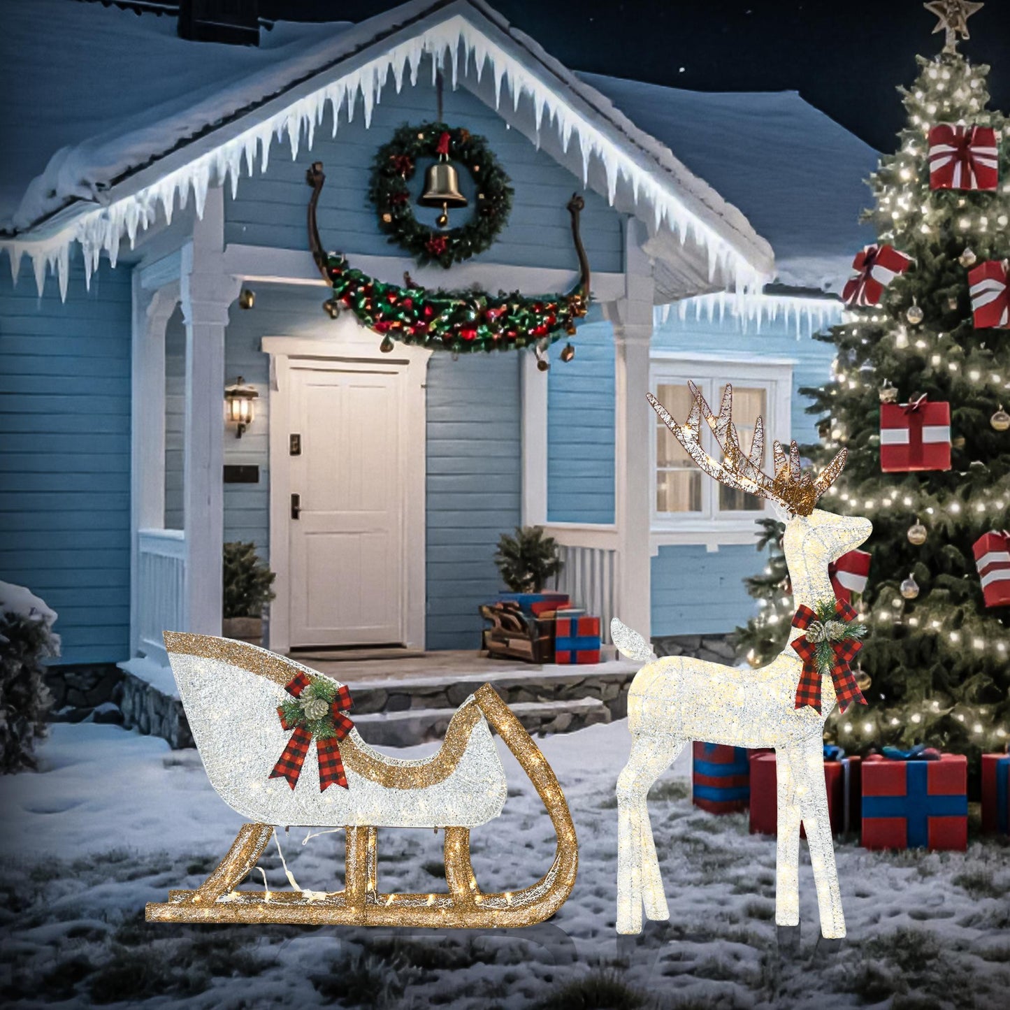 48" Lighted Reindeer & 38" Sleigh Set – Warm White LEDs, Indoor/Outdoor Christmas Display