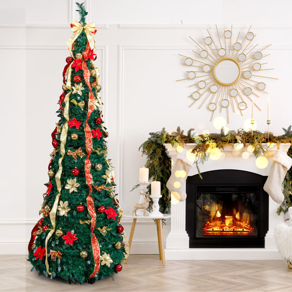 7FT Fully Decorated Pop-Up Pre-Lit Christmas Tree with 200 Warm Lights & Remote — Red & Gold Luxury Holiday Display