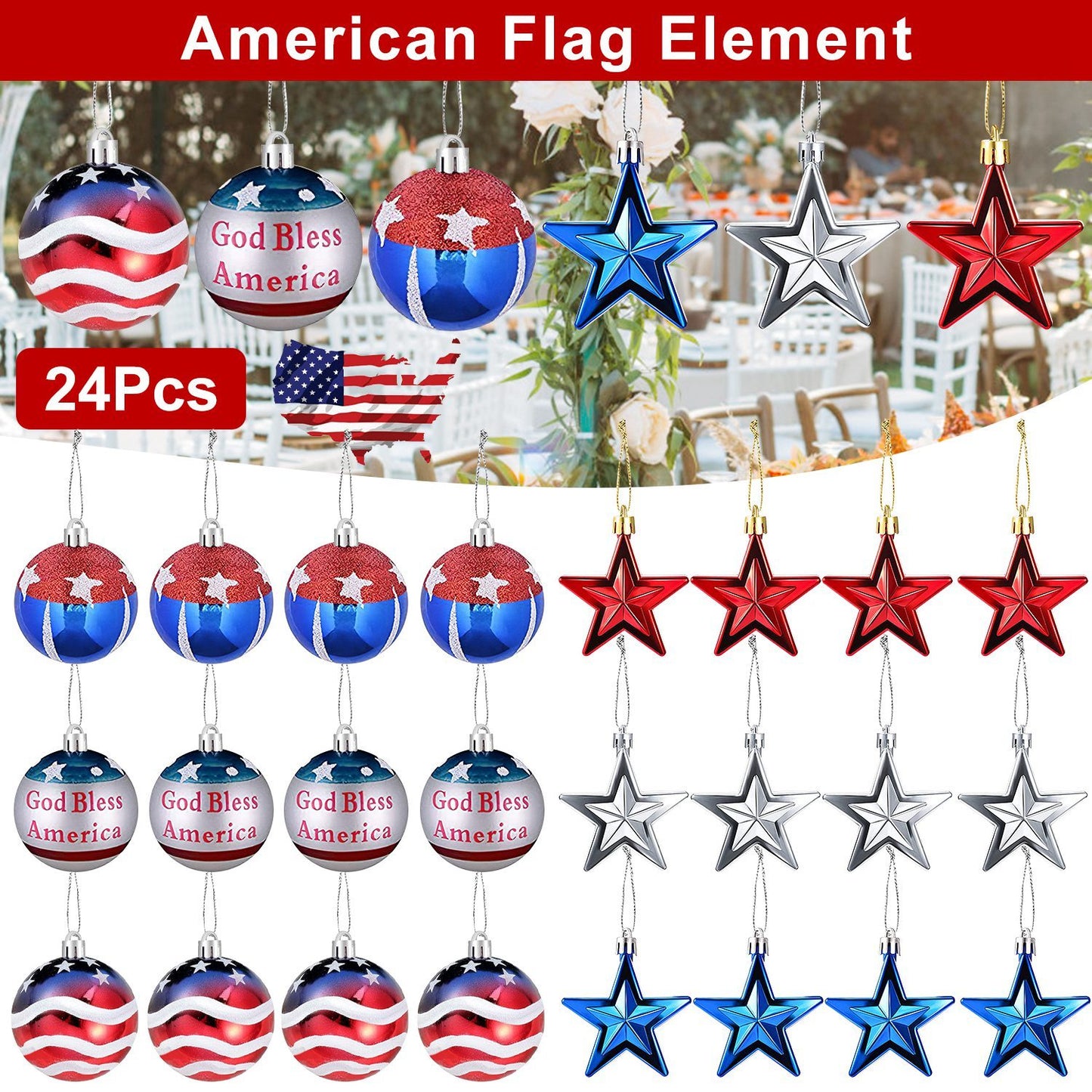 24-Piece Patriotic Holiday Ornament Set — Red, Silver & Blue Stars and Balls