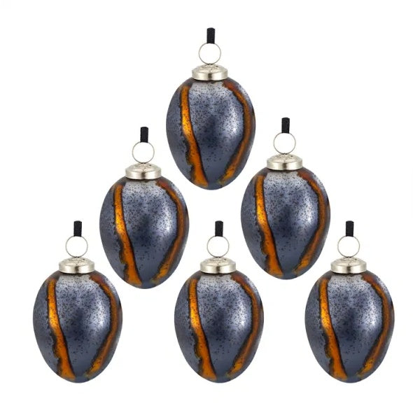 Black & Gold Glass Egg Ornaments — Set of 6 Handcrafted Luxe Baubles (3" × 3" × 4.3")