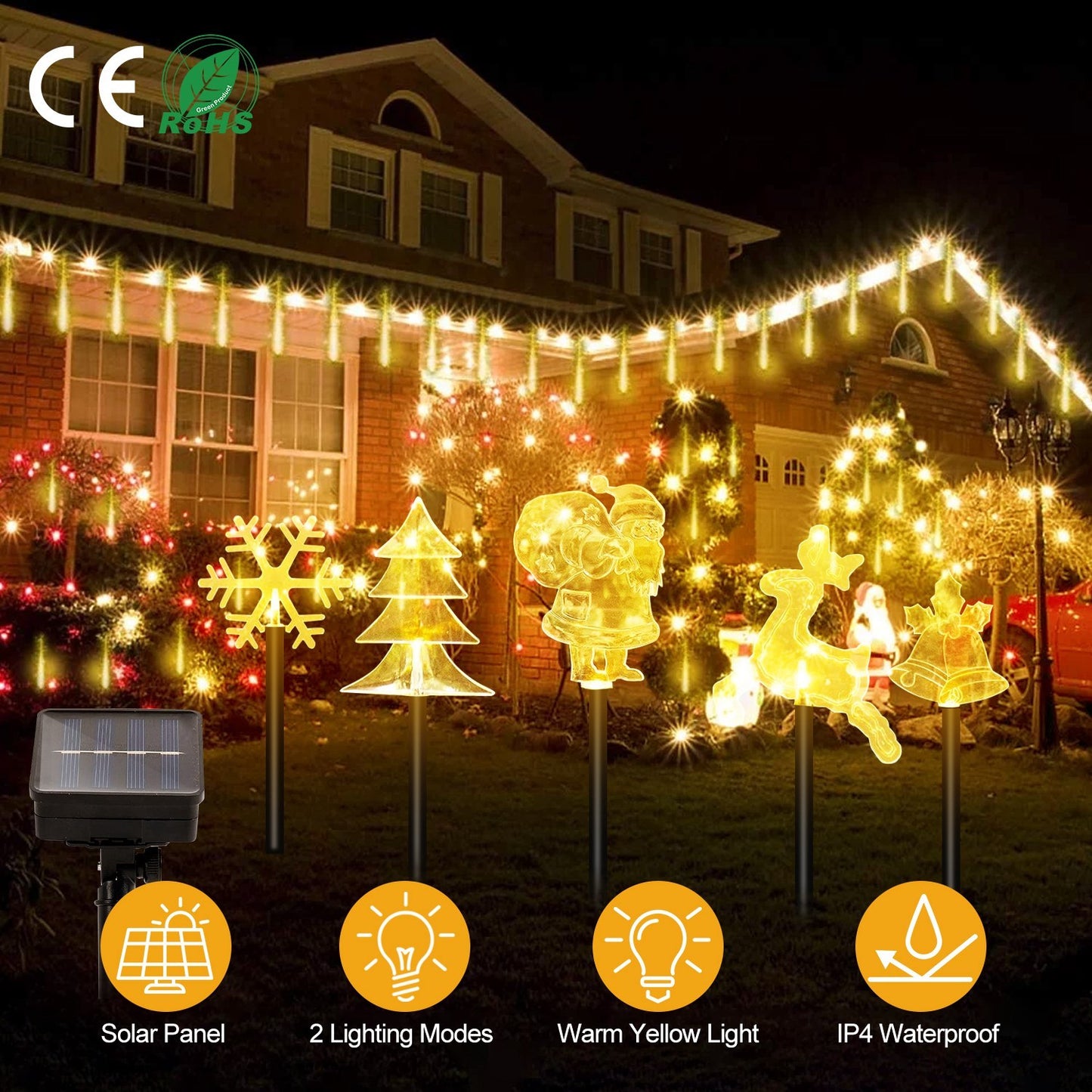 5-Piece Solar Christmas Stake Light Set — Reindeer, Snowflake, Bell, Tree & Santa (Warm Glow Waterproof Outdoor Display)