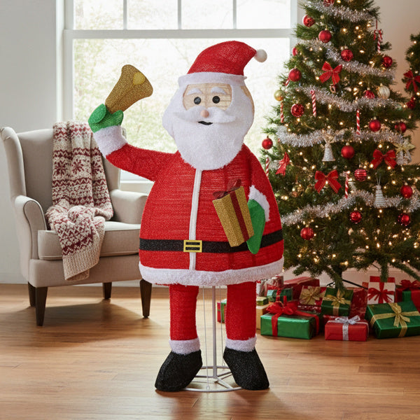 6FT Lighted Santa Claus Holding Bell – 200 LEDs, Pull-Up Holiday Display