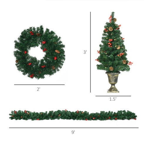 SCG 4-Piece Pre-Lit Holiday Set – Wreath, Garland & 2 Entrance Trees