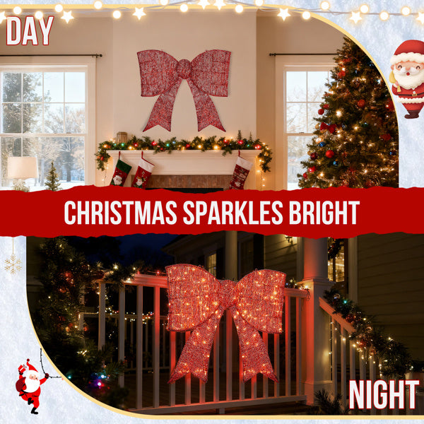 Pre-lit Outdoor Giant Bowknot Christmas Decoration, Lighted Metal Frame With 124 Warm White LED Lights, For Front Door Gate Wall Indoor Outdoor Holiday Party, Red