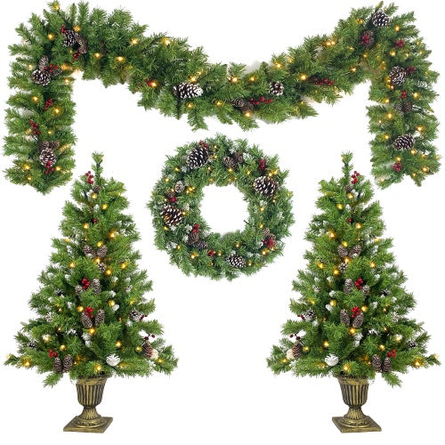 4-Piece Pre-Lit Christmas Collection – Entrance Trees, Wreath & Garland (340 LEDs)