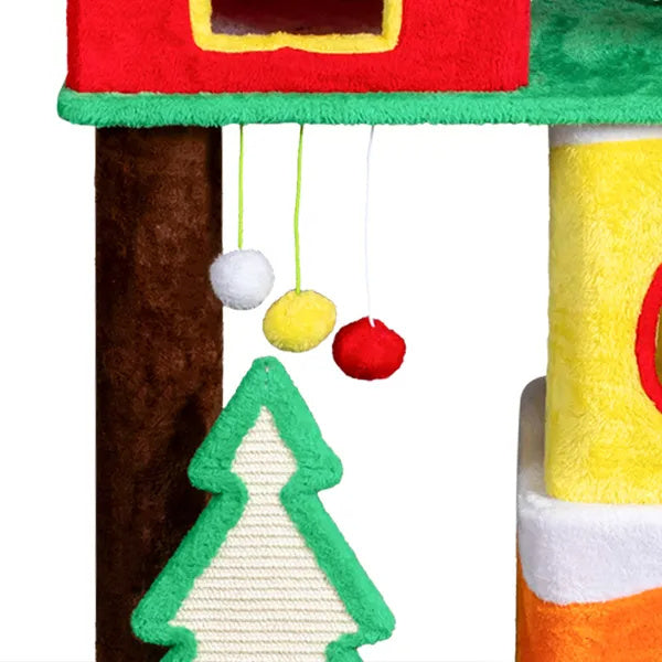 56" Christmas-Themed Plush Cat Tree — Multi-Level Holiday Cat Tower with Crown Perch & Sisal Scratching Ramp