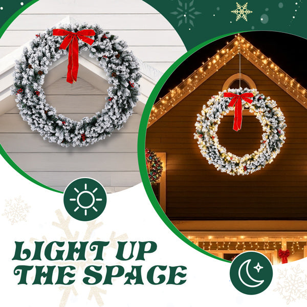 60" Snow-Flocked Pre-Lit Christmas Wreath – 220 LEDs, 600 Tips, Winter Luxe Edition