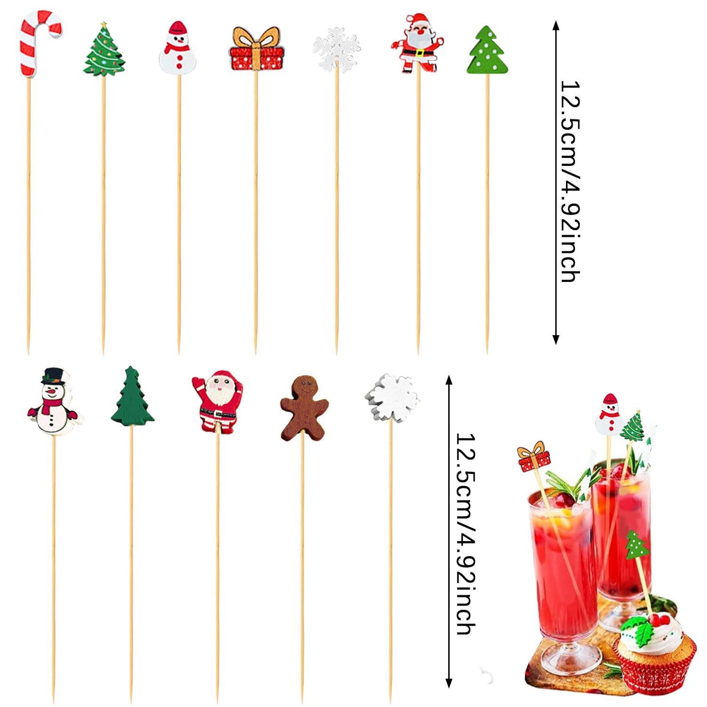 100-Piece Christmas Cocktail Pick Set — Bamboo Party Skewers with Santa, Reindeer, Snowflake & Tree Designs